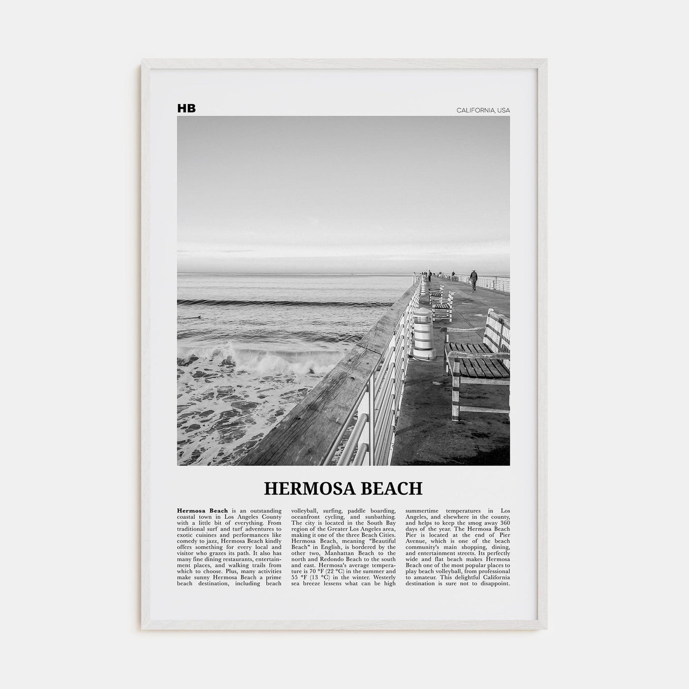 Hermosa Beach No 2 Poster White Wood / 8x12 in Nbourhood Travel B&W Poster