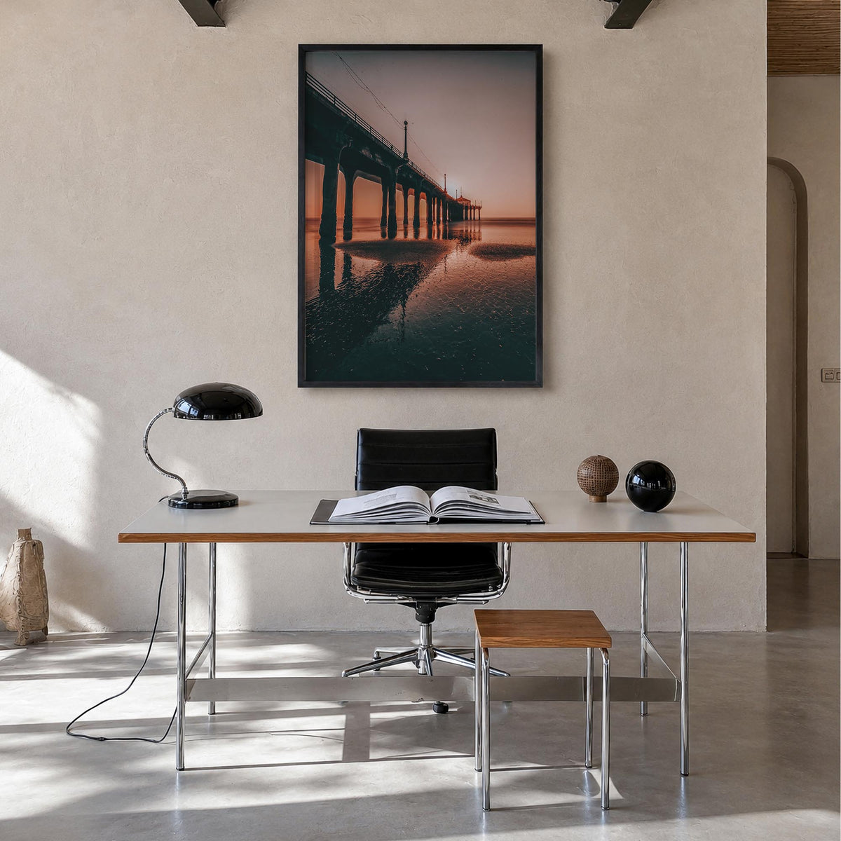 Hermosa Beach no. 3 colorful photo poster of California, USA – vertical wall art in black wood frame, hanging on wall