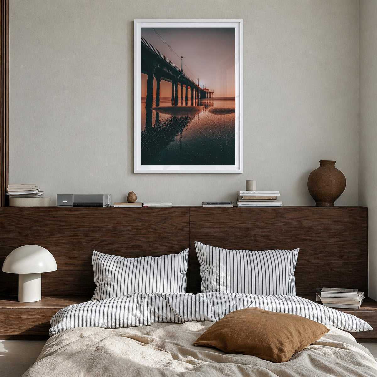 Hermosa Beach no. 3 colorful photo poster of California, USA – vertical wall art in white wood frame with white border, hangi
