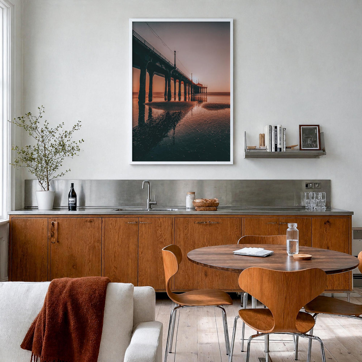 Hermosa Beach no. 3 colorful photo poster of California, USA – vertical wall art in white wood frame, hanging on wall