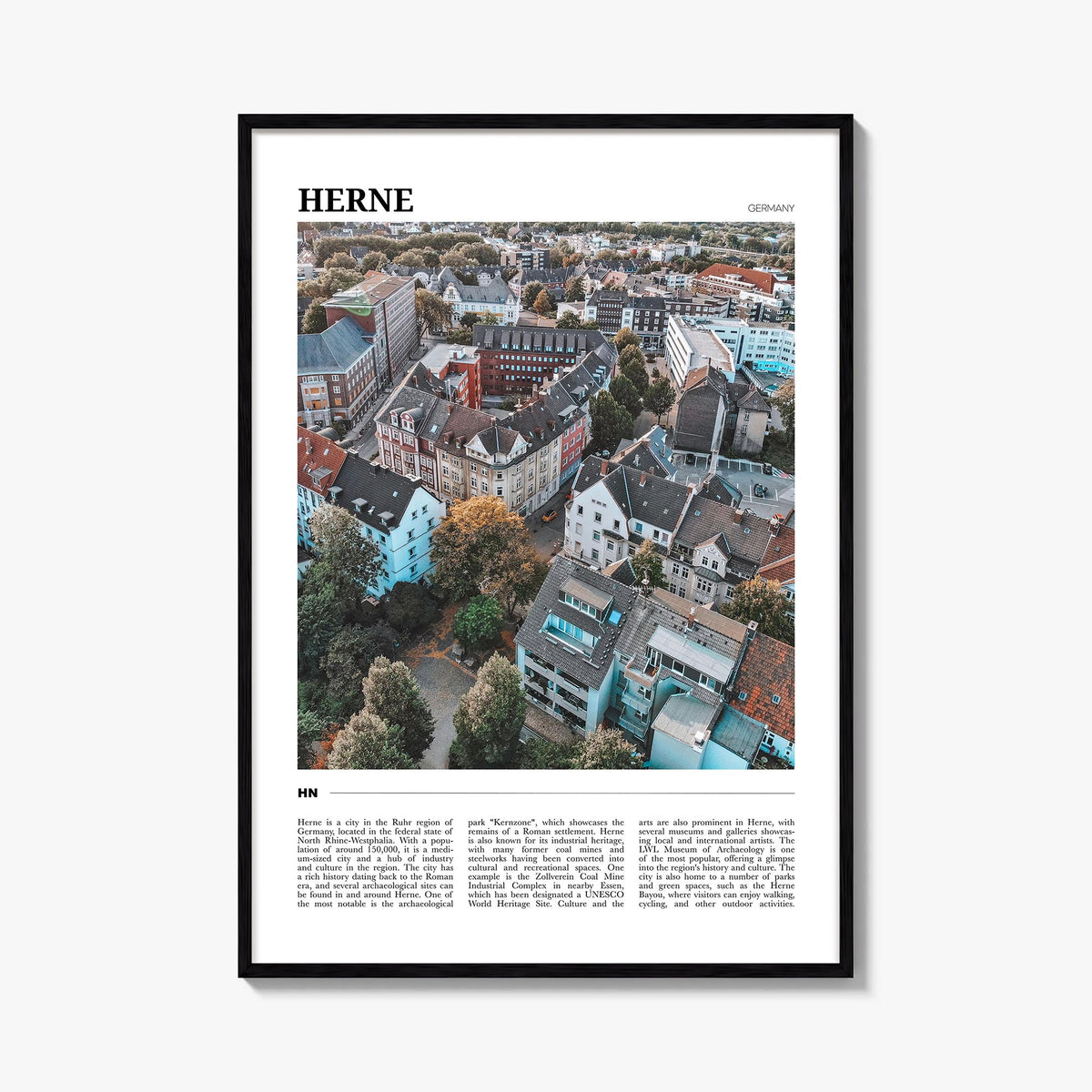 Herne colorful travel poster of Germany – vertical wall art, unframed print shown in interior mockup