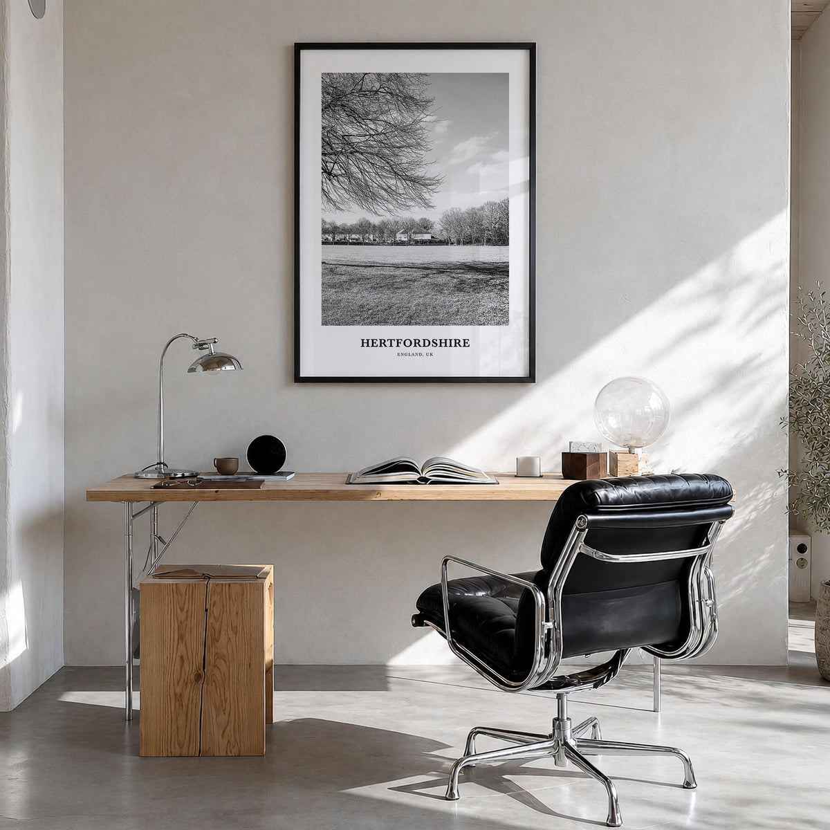 Hertfordshire black & white classic poster of United Kingdom – vertical wall art in black wood frame, hanging on wall