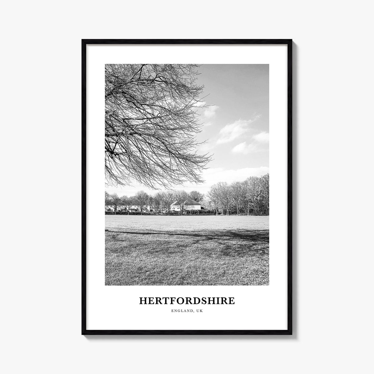 Hertfordshire black & white classic poster of United Kingdom – vertical wall art, unframed print shown in interior mockup