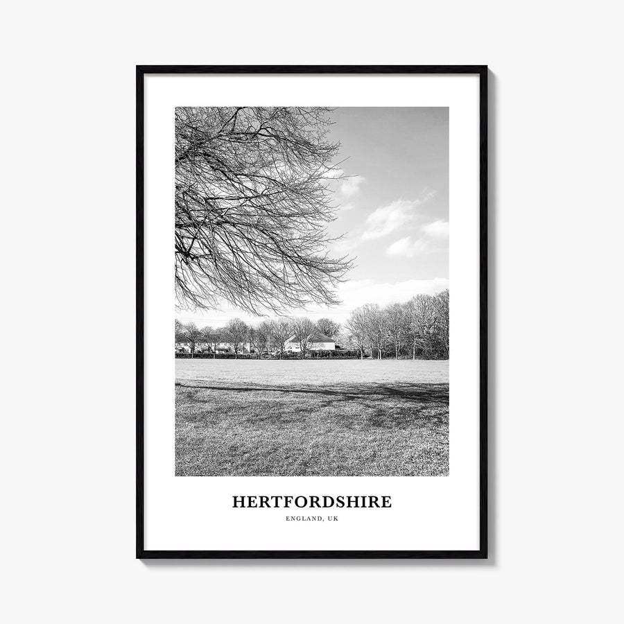 Hertfordshire black & white classic poster of United Kingdom – vertical wall art, unframed print shown in interior mockup