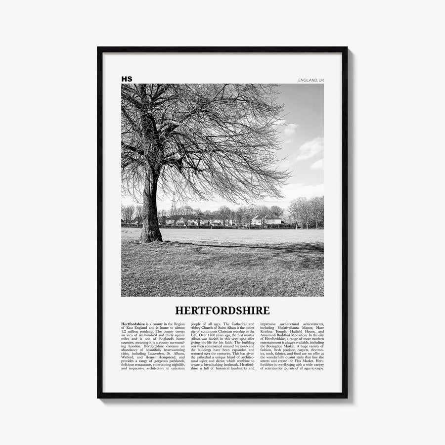 Hertfordshire black & white newspaper poster of United Kingdom – vertical wall art, unframed print shown in interior mockup