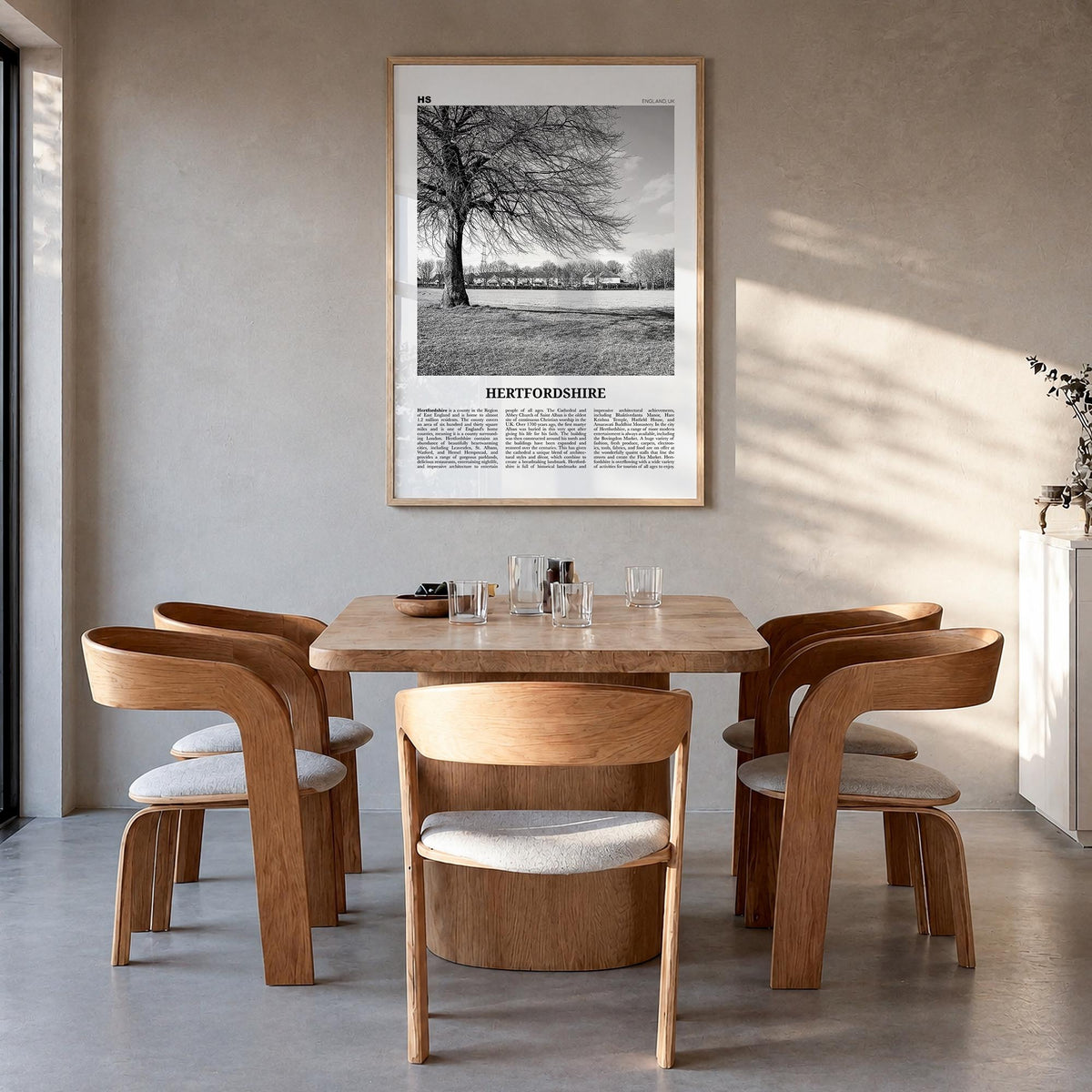 Hertfordshire black & white newspaper poster of United Kingdom – vertical wall art in natural wood frame, hanging on wall