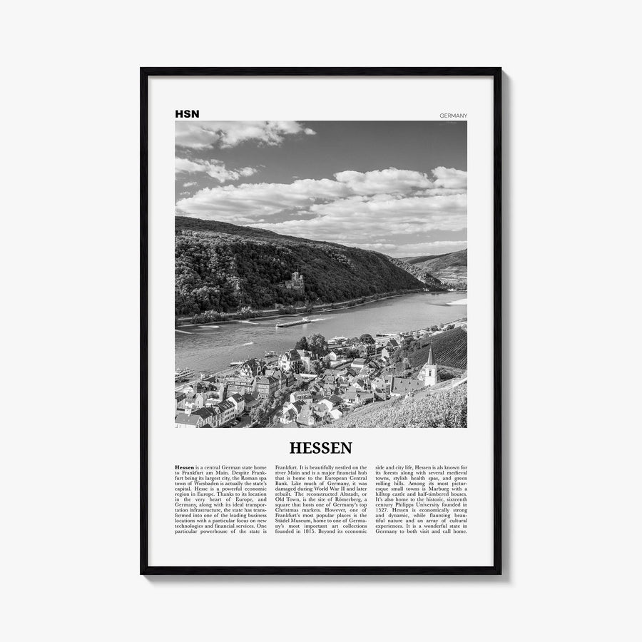 Hessen black & white newspaper poster of Germany – vertical wall art, unframed print shown in interior mockup