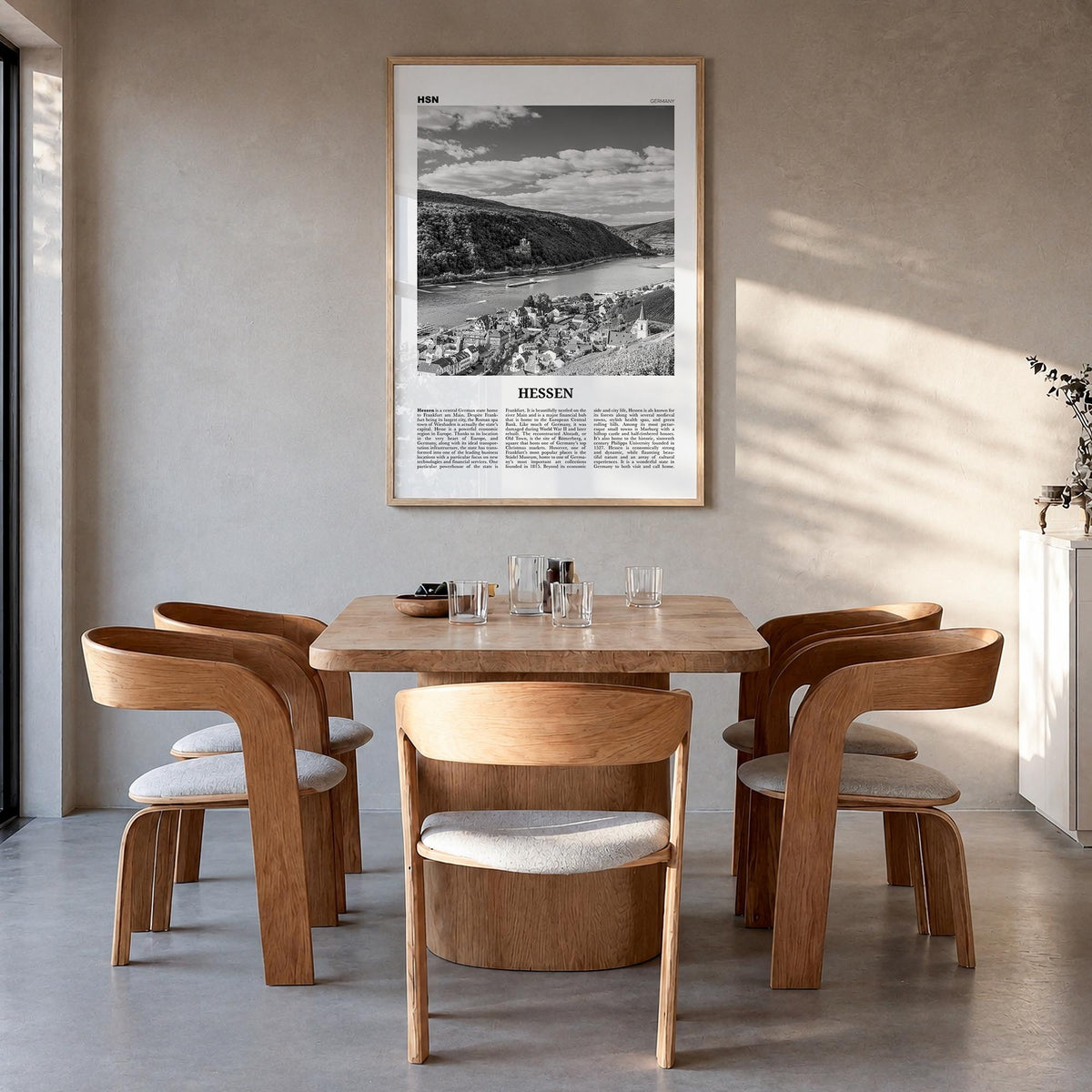 Hessen black & white newspaper poster of Germany – vertical wall art in natural wood frame, hanging on wall