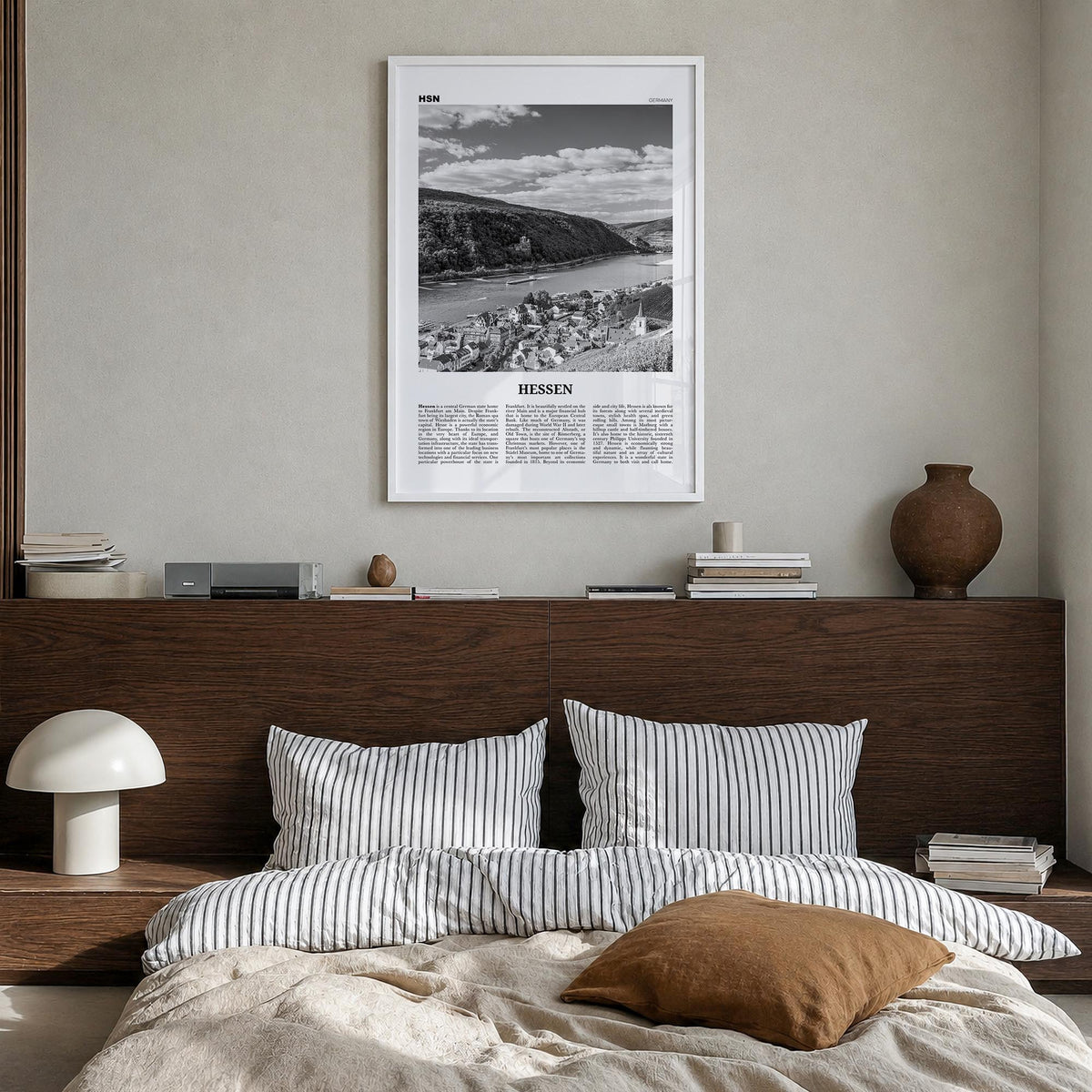 Hessen black & white newspaper poster of Germany – vertical wall art in white wood frame, hanging on wall