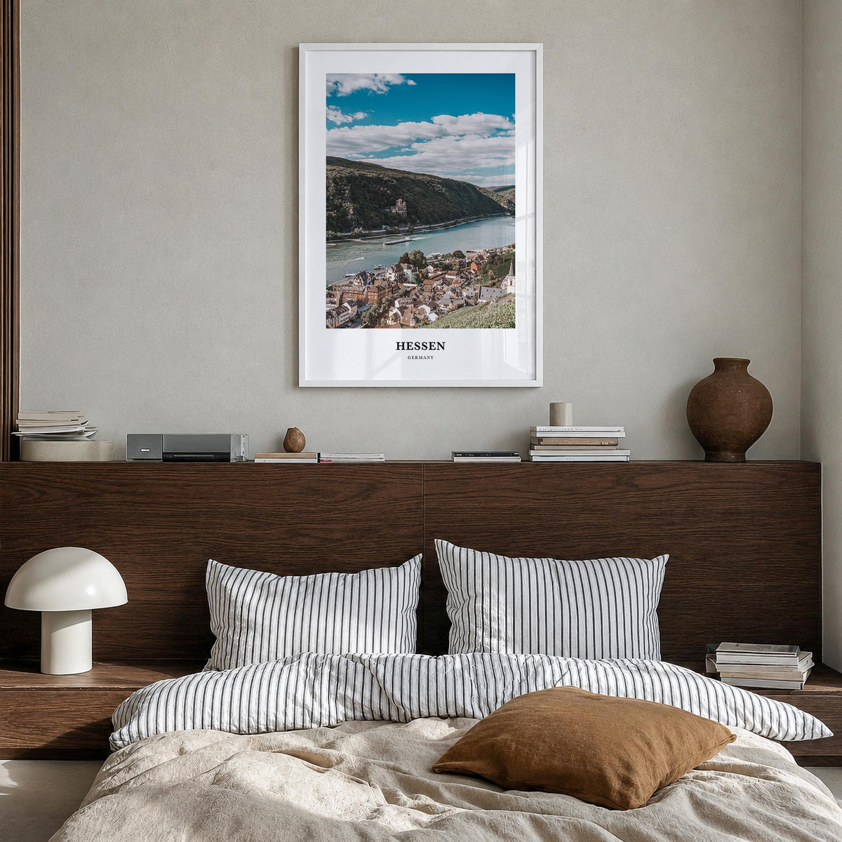 Hessen colorful classic poster of Germany – vertical wall art in white wood frame, hanging on wall