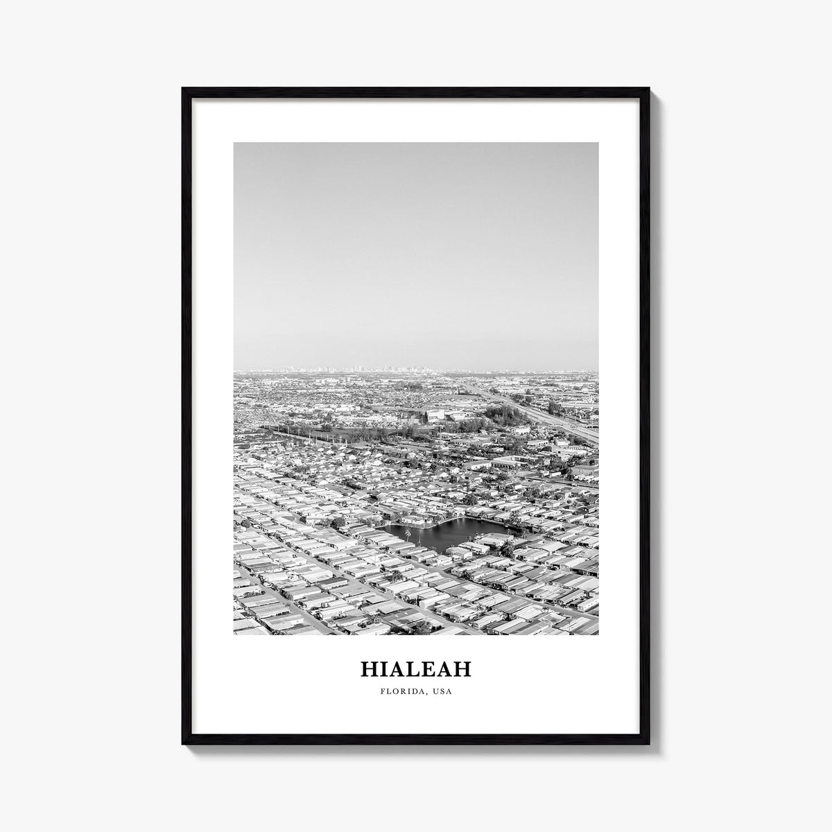 Hialeah black & white classic poster of Florida, USA – vertical wall art, unframed print shown in interior mockup
