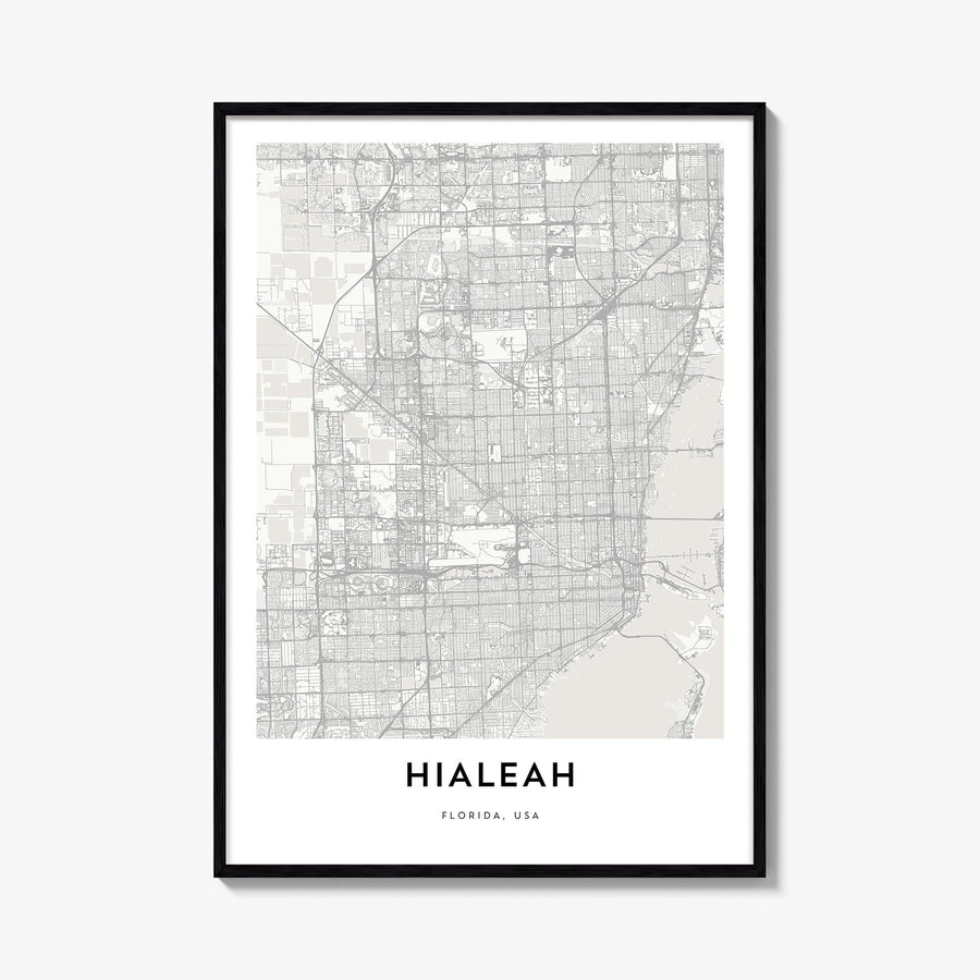 Hialeah black & white map poster of Florida, USA – vertical wall art, unframed print shown in interior mockup