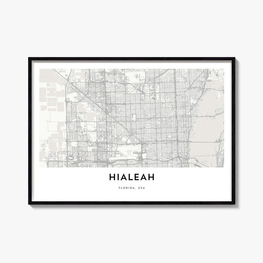 Hialeah black & white map poster of Florida, USA – horizontal wall art, unframed print shown in interior mockup