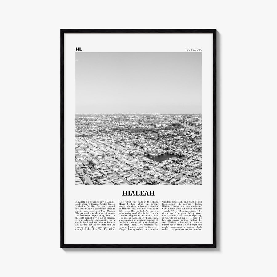 Hialeah black & white newspaper poster of Florida, USA – vertical wall art, unframed print shown in interior mockup