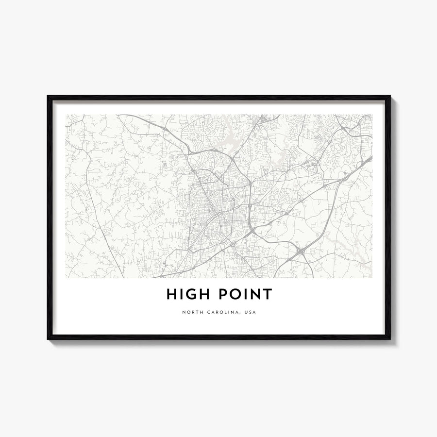 High Point black & white map poster of North Carolina, USA – horizontal wall art, unframed print shown in interior mockup