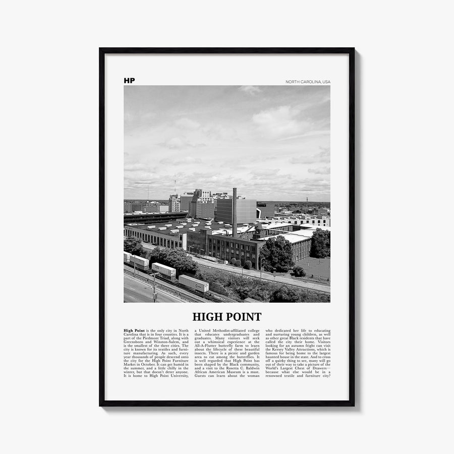 High Point black & white newspaper poster of North Carolina, USA – vertical wall art, unframed print shown in interior mockup