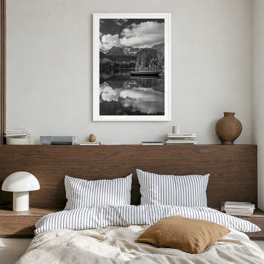 High Tatras Photo Poster in a white wood frame, hanging in a bedroom, white border