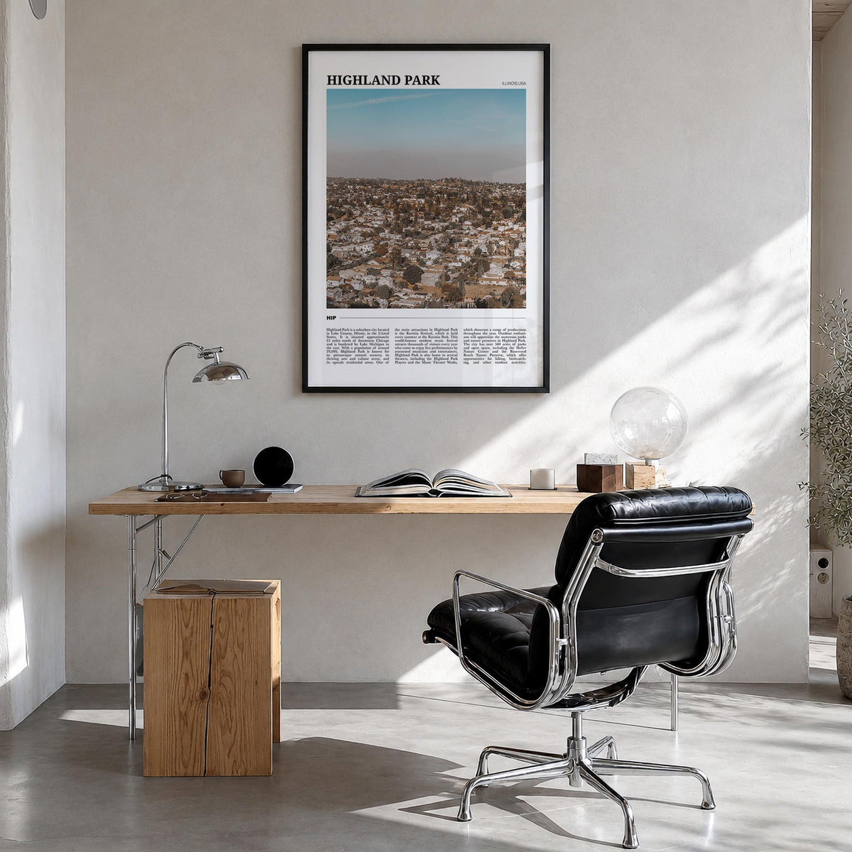 Highland Park colorful travel poster of Los Angeles, California – vertical wall art in black wood frame, hanging on wall