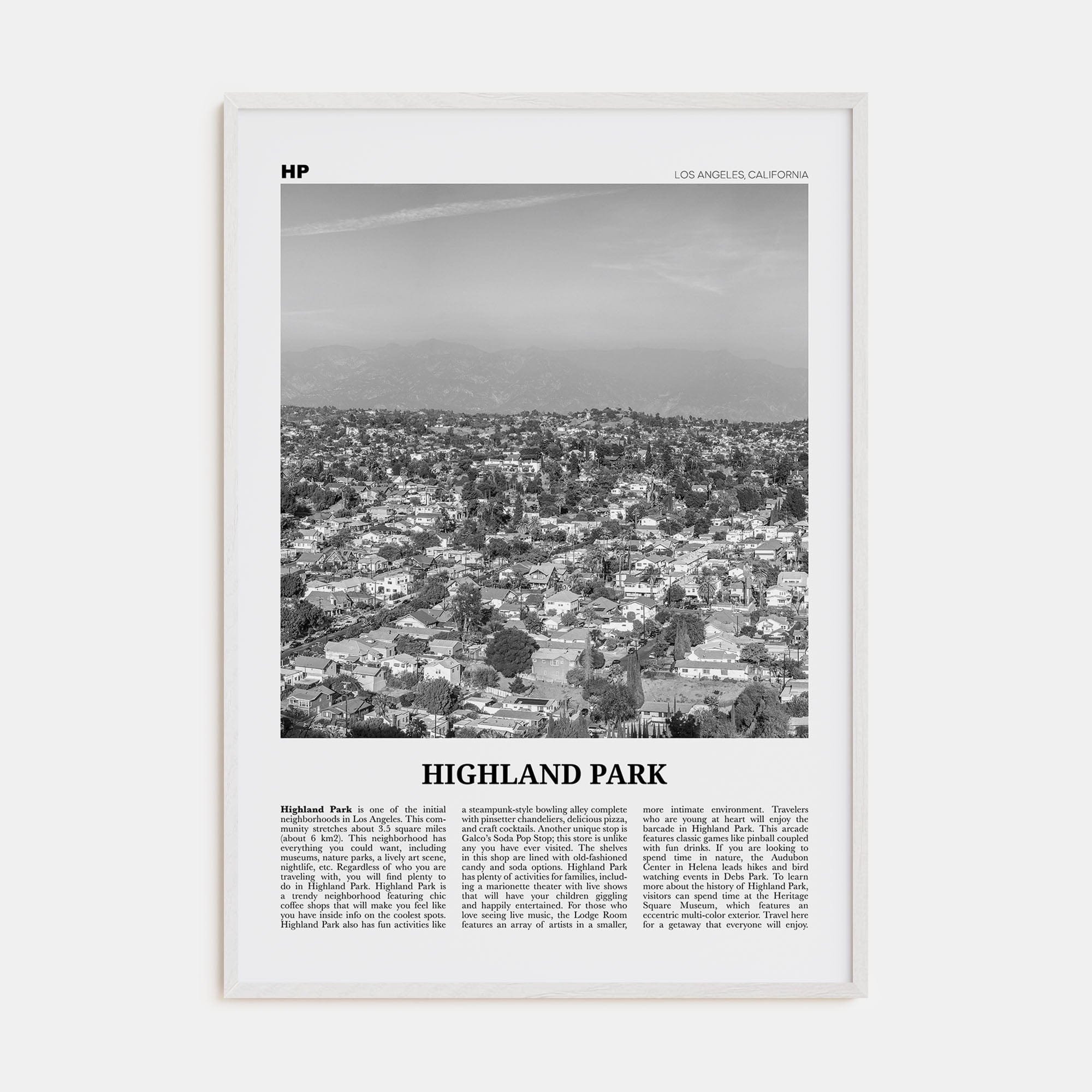 Highland Park Poster White Wood / 8x12 in Nbourhood Travel B&W Poster