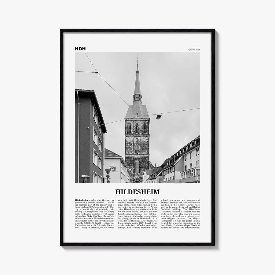 Hildesheim black & white newspaper poster of Germany – vertical wall art, unframed print shown in interior mockup