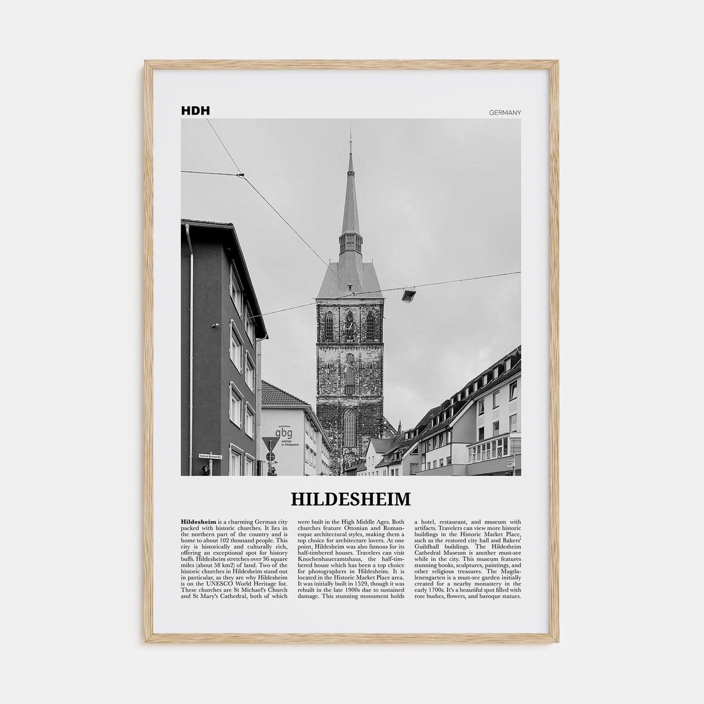 Hildesheim Poster Natural Wood / 8x12 in Nbourhood Travel B&W Poster