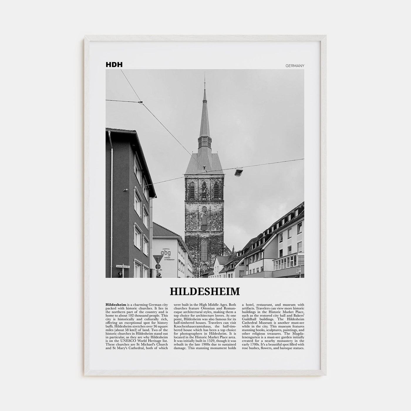 Hildesheim Poster White Wood / 8x12 in Nbourhood Travel B&W Poster