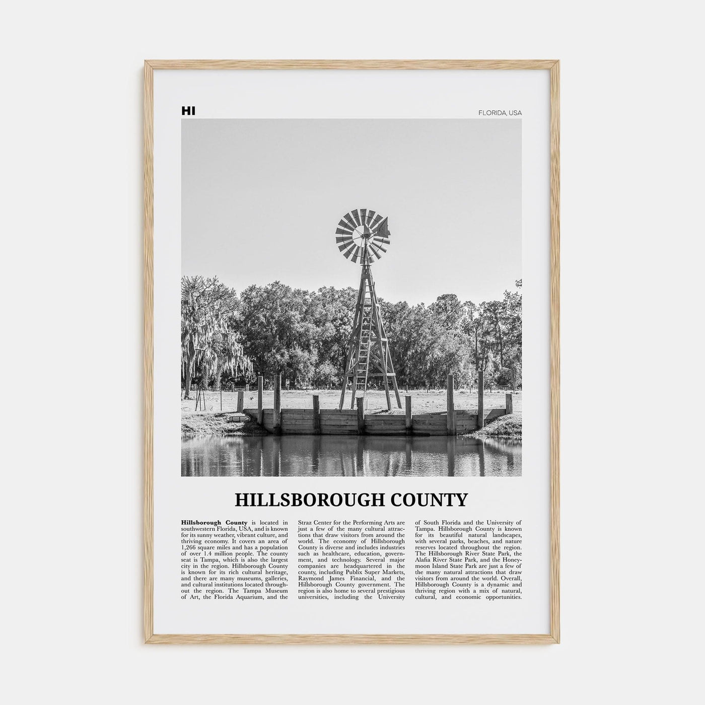 Hillsborough County Poster Natural Wood / 8x12 in Nbourhood Travel B&W Poster