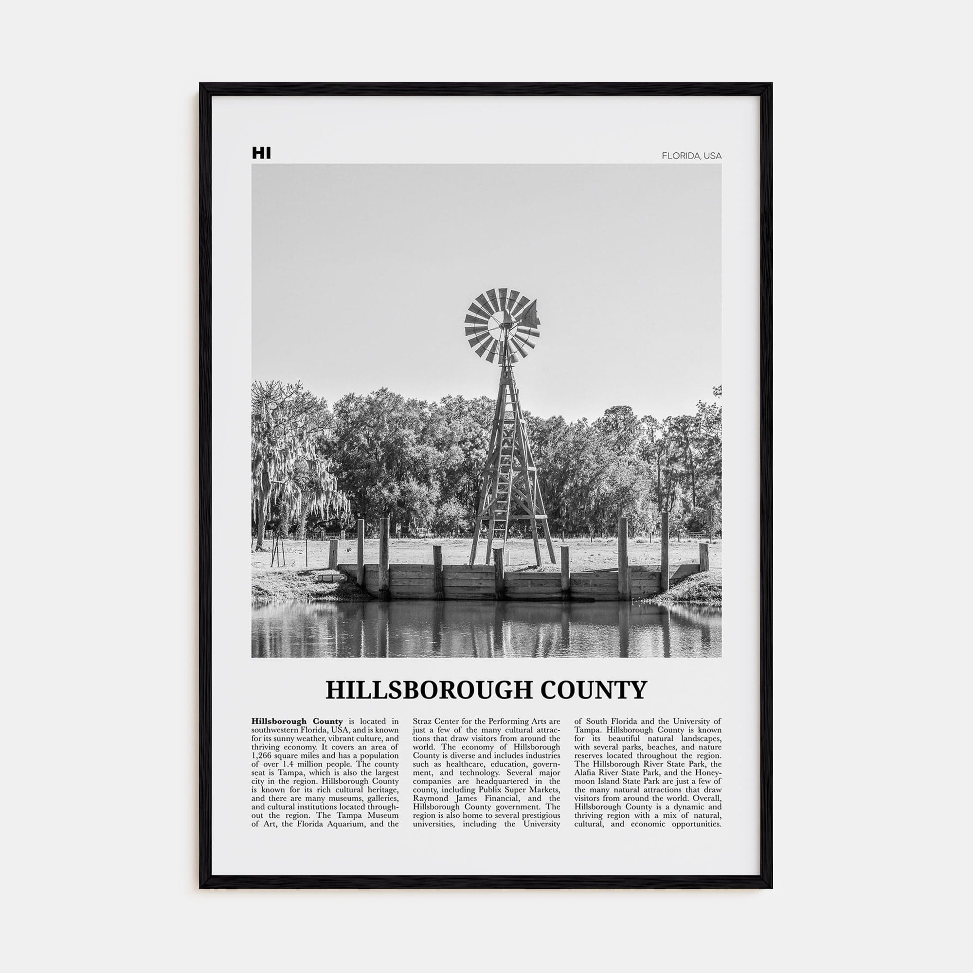 Hillsborough County Poster Black Wood / 8x12 in Nbourhood Travel B&W Poster