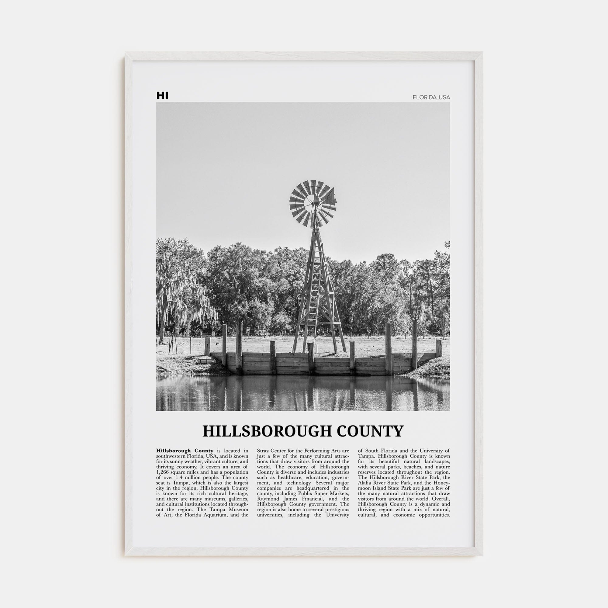 Hillsborough County Poster White Wood / 8x12 in Nbourhood Travel B&W Poster