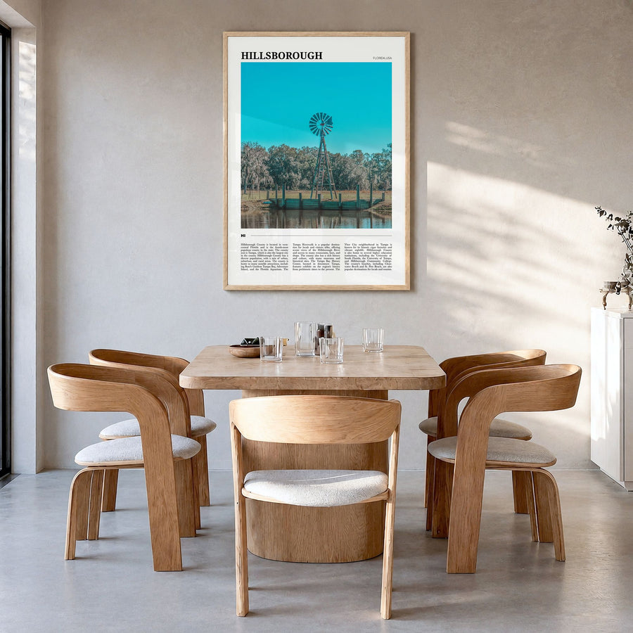 Hillsborough County Travel Poster in a natural wood frame, hanging in a dining room