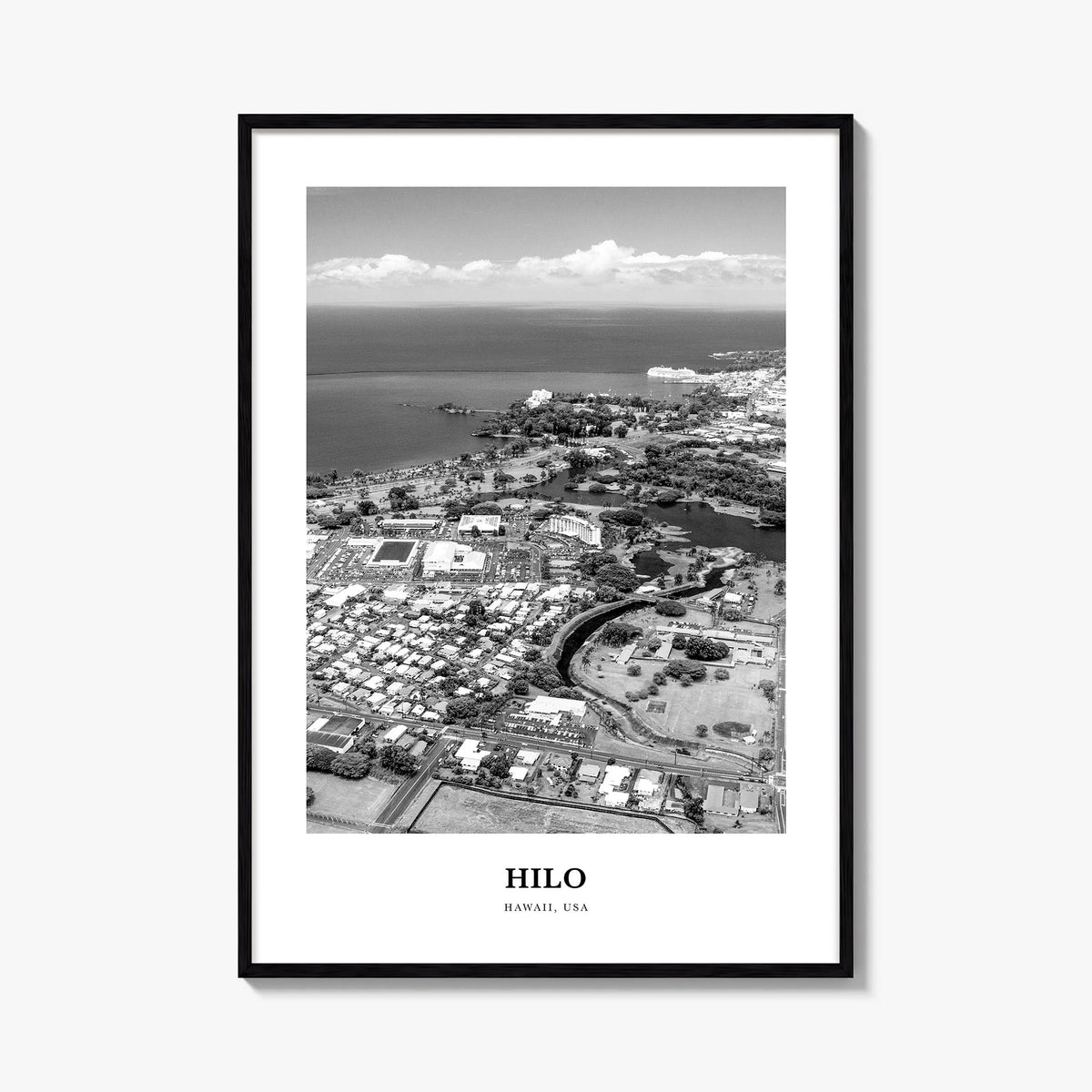 Hilo black & white classic poster of Hawaii, USA – vertical wall art, unframed print shown in interior mockup