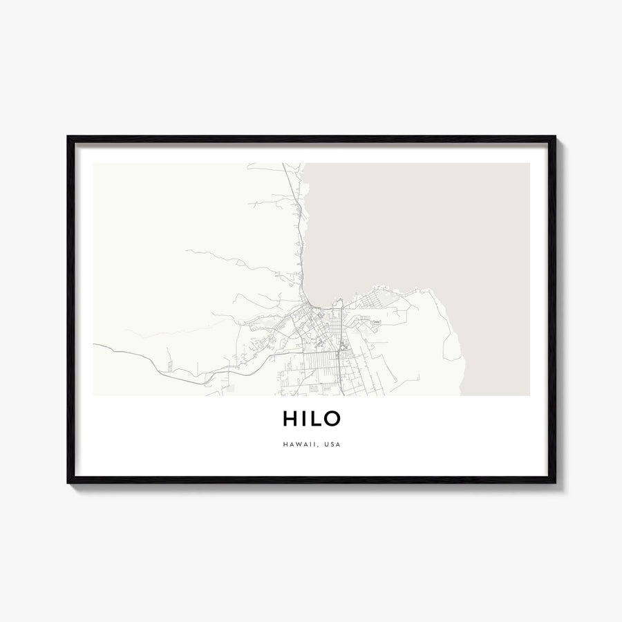 Hilo black & white map poster of Hawaii, USA – horizontal wall art, unframed print shown in interior mockup