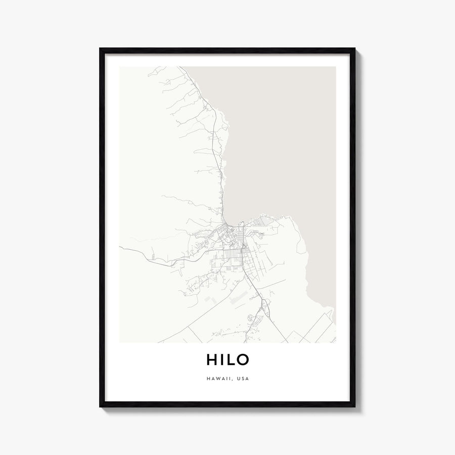Hilo black & white map poster of Hawaii, USA – vertical wall art, unframed print shown in interior mockup