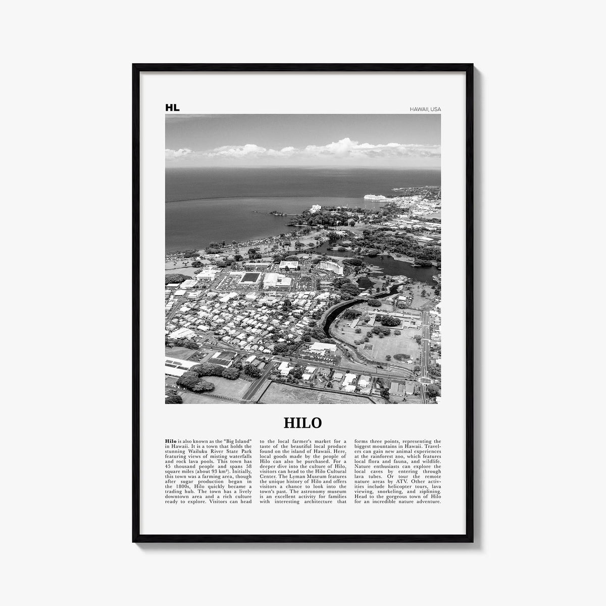Hilo black & white newspaper poster of Hawaii, USA – vertical wall art, unframed print shown in interior mockup