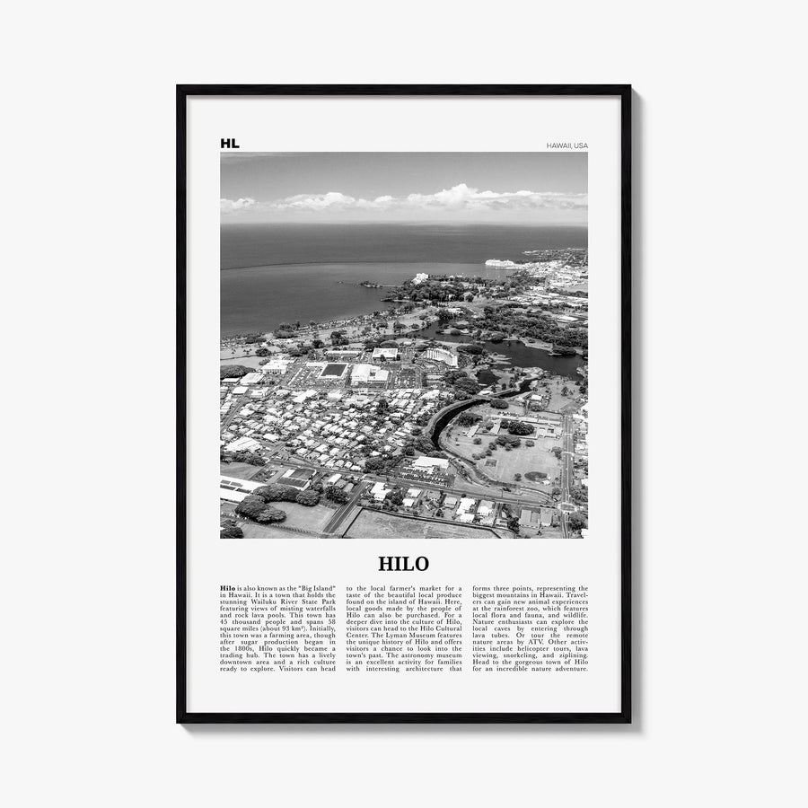 Hilo black & white newspaper poster of Hawaii, USA – vertical wall art, unframed print shown in interior mockup
