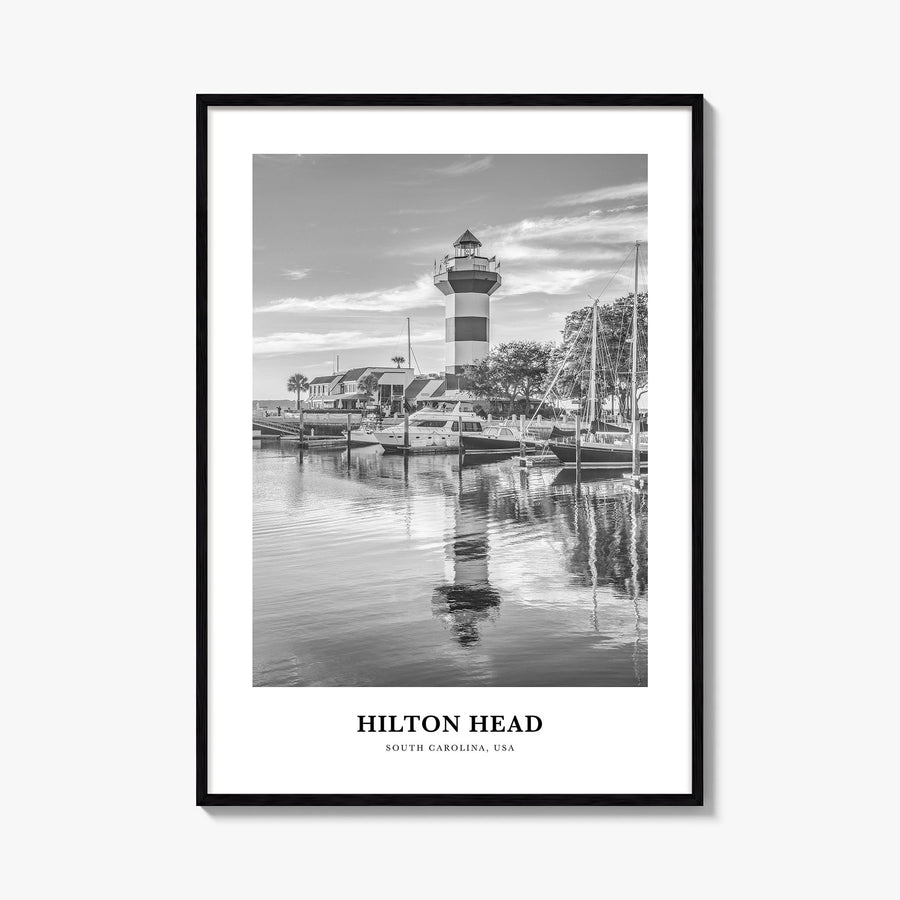 Hilton Head black & white classic poster of South Carolina, USA – vertical wall art, unframed print shown in interior mockup