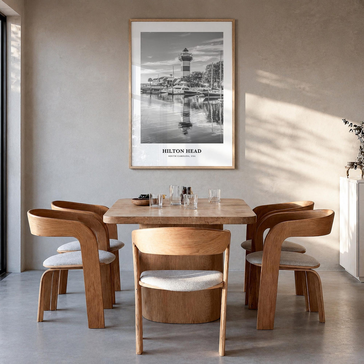 Hilton Head black & white classic poster of South Carolina, USA – vertical wall art in natural wood frame, hanging on wall