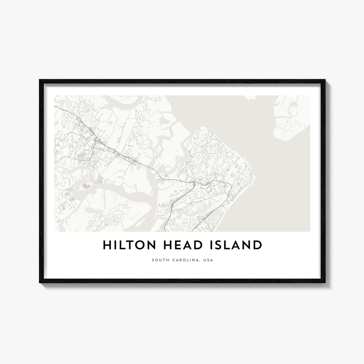 Hilton Head Island black & white map poster of South Carolina, USA – horizontal wall art, unframed print shown in interior mo