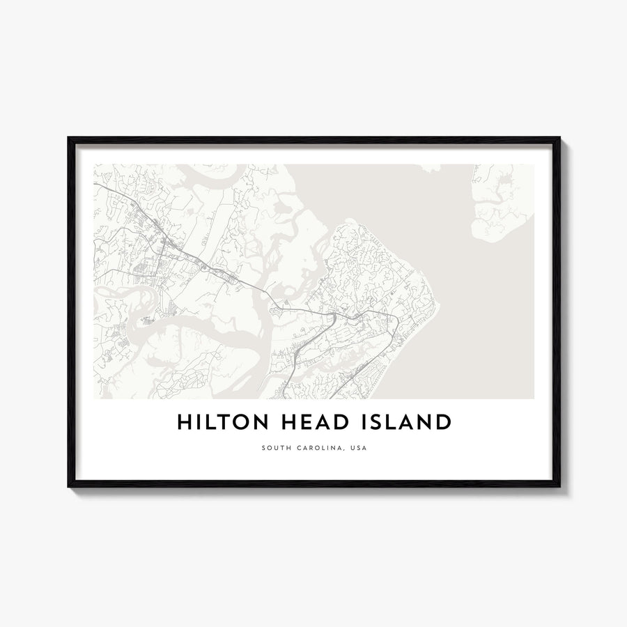 Hilton Head Island black & white map poster of South Carolina, USA – horizontal wall art, unframed print shown in interior mo