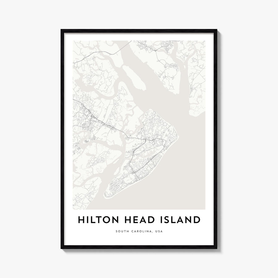 Hilton Head Island black & white map poster of South Carolina, USA – vertical wall art, unframed print shown in interior mock