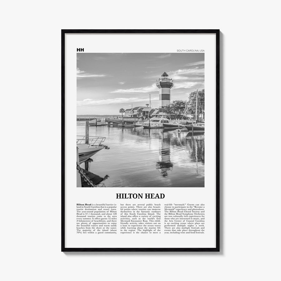 Hilton Head Island black & white newspaper poster of South Carolina, USA – vertical wall art, unframed print shown in interio