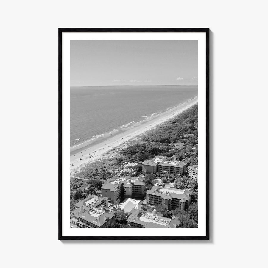 Hilton Head Island black & white photo poster of South Carolina, USA – vertical wall art, unframed print shown in interior mo