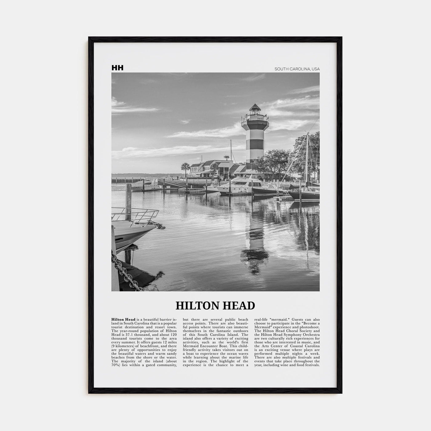 Hilton Head Island Poster Black Wood / 8x12 in Nbourhood Travel B&W Poster