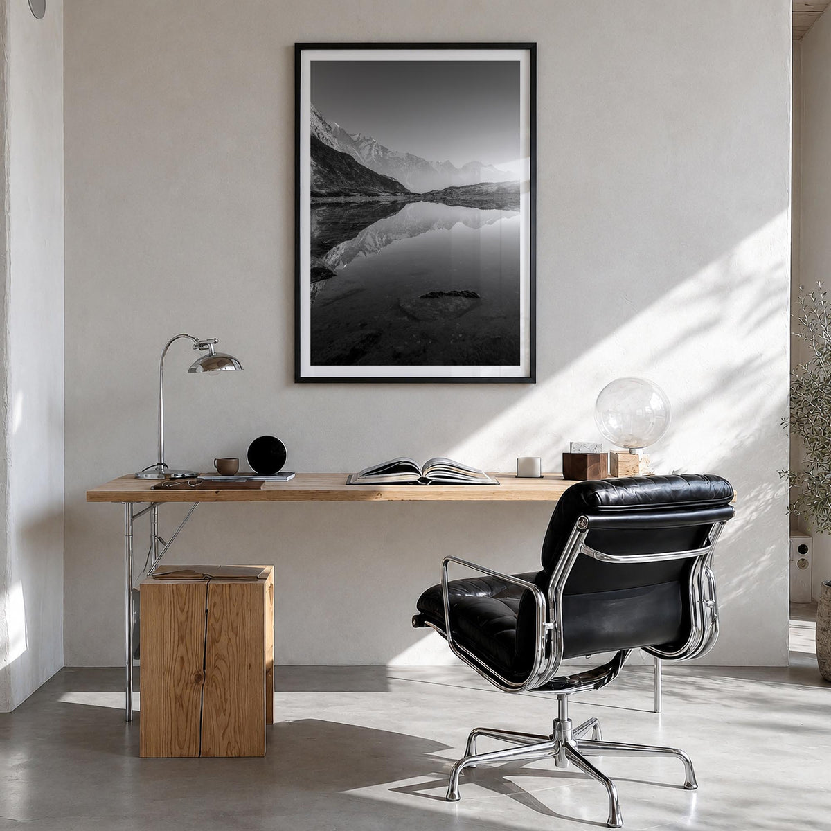 The Himalayas black & white photo poster of Asia – vertical wall art in black wood frame with white border, hanging on wall