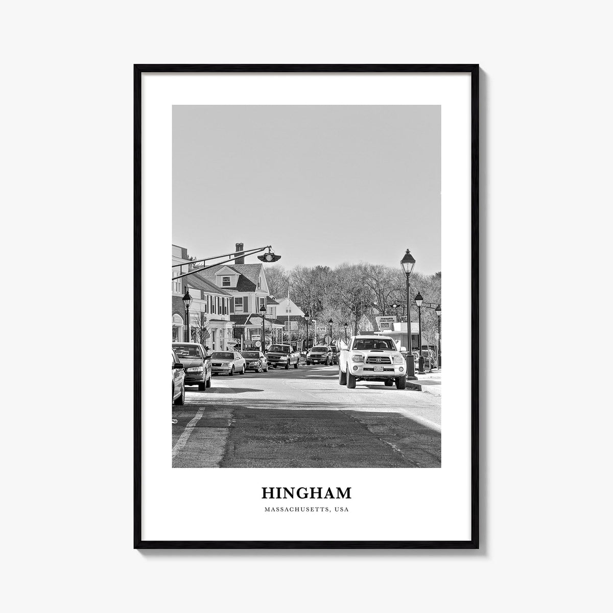 Hingham black & white classic poster of Massachusetts, USA – vertical wall art, unframed print shown in interior mockup