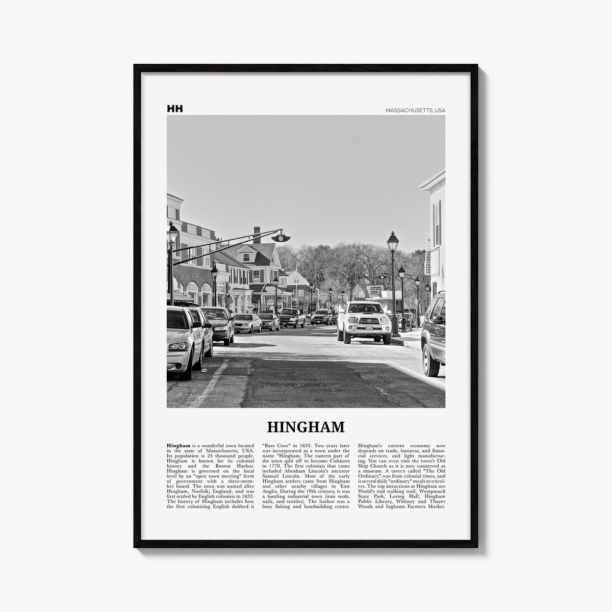 Hingham black & white newspaper poster of Massachusetts, USA – vertical wall art, unframed print shown in interior mockup