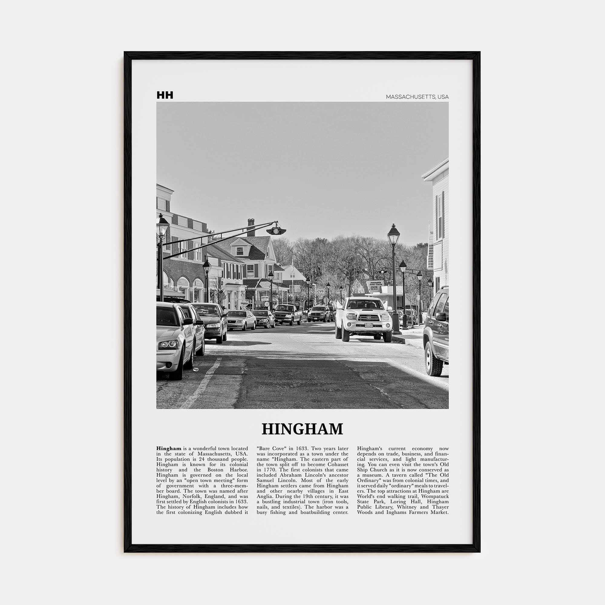 Hingham Poster Black Wood / 8x12 in Nbourhood Travel B&W Poster