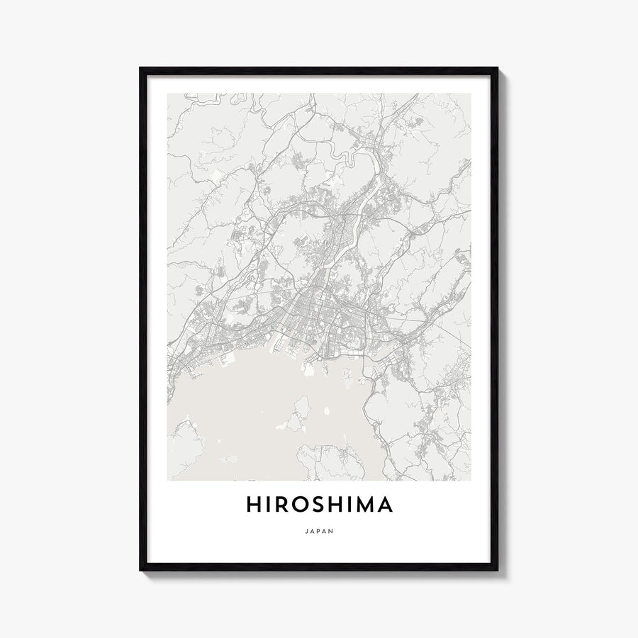 Hiroshima black & white map poster of Japan – vertical wall art, unframed print shown in interior mockup