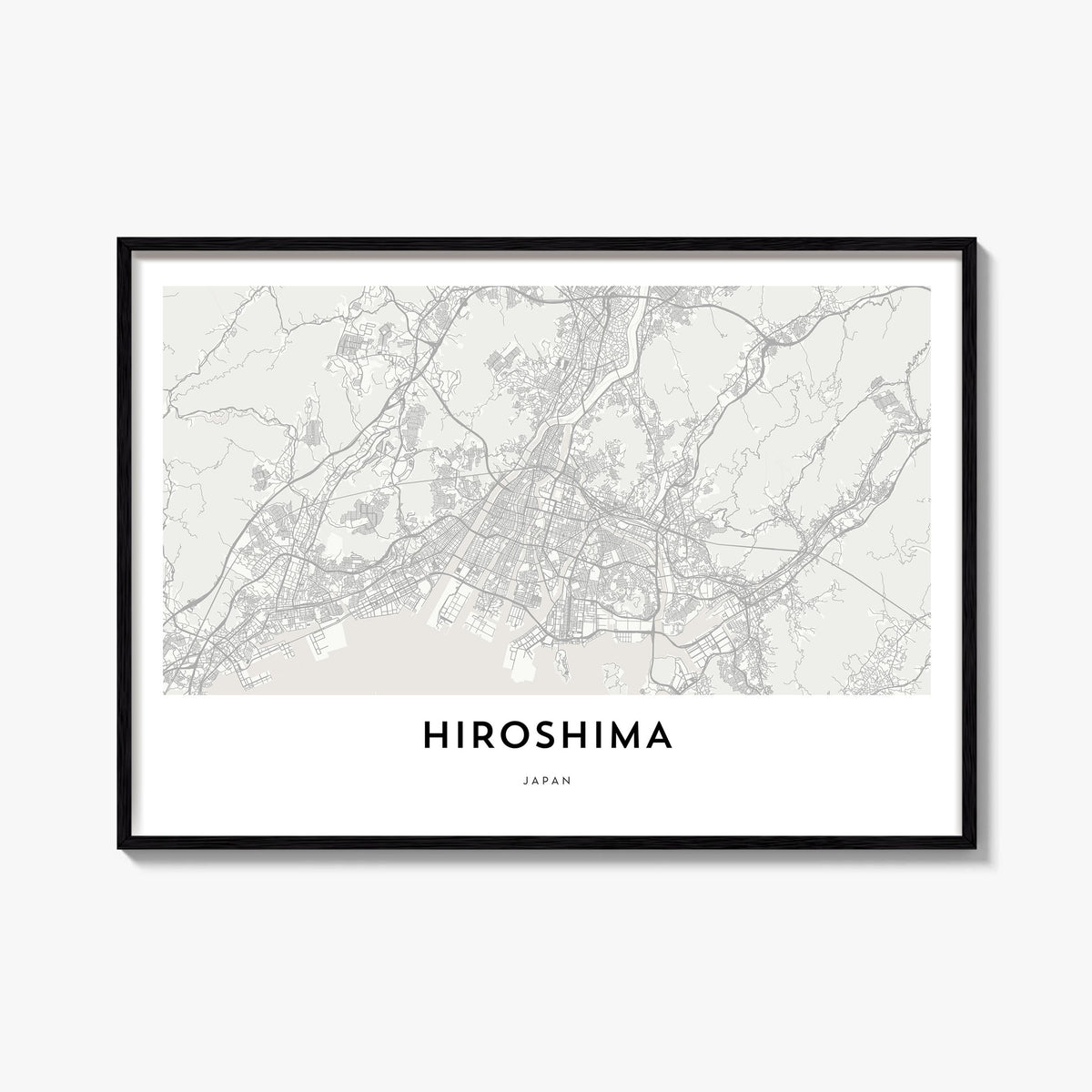 Hiroshima black & white map poster of Japan – horizontal wall art, unframed print shown in interior mockup