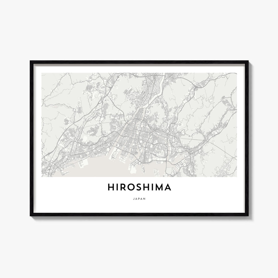 Hiroshima black & white map poster of Japan – horizontal wall art, unframed print shown in interior mockup
